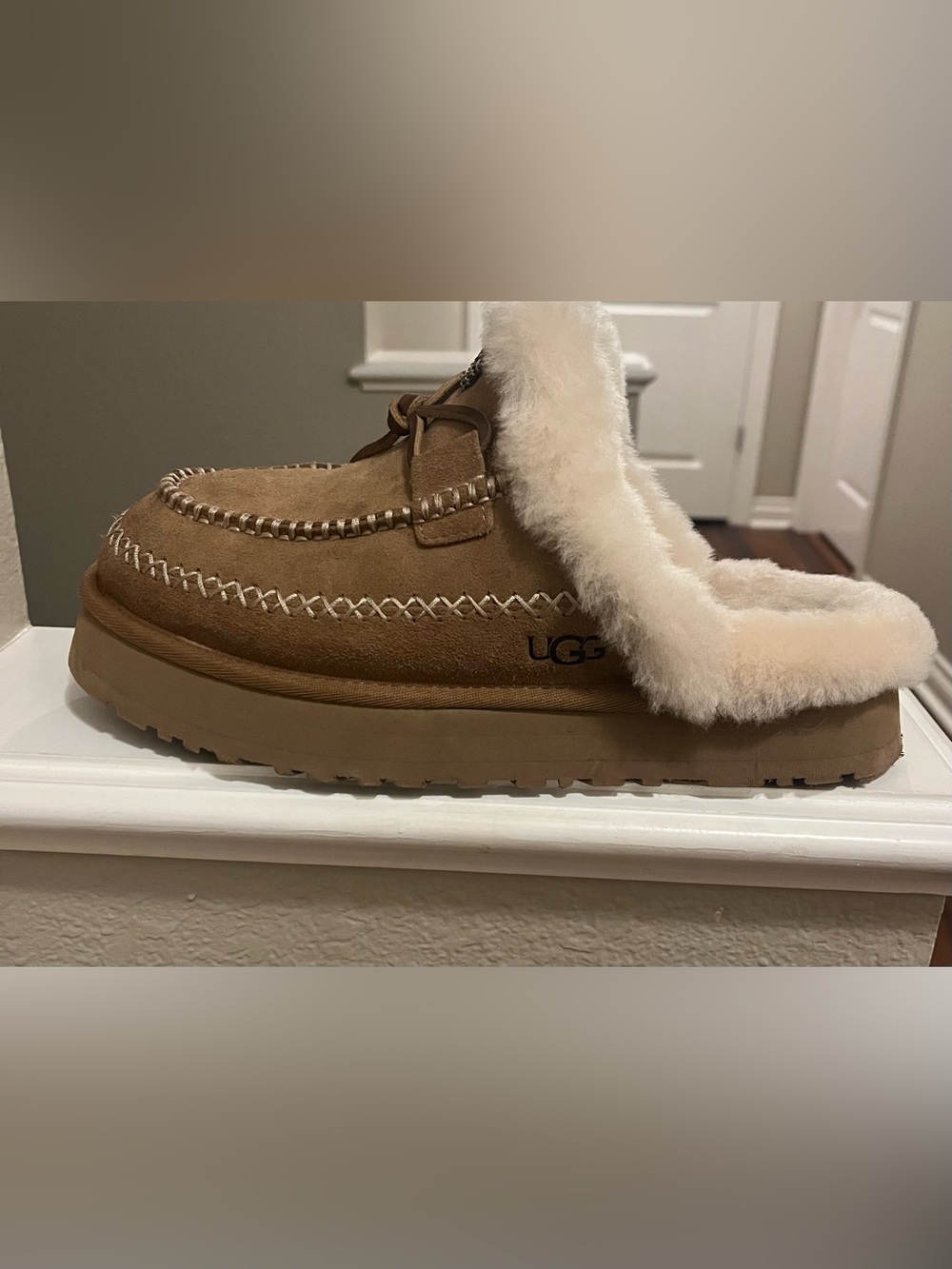 UGG  Chestnut Suede Shearling-Lined Moccasin Slippers - Picture 11 of 11